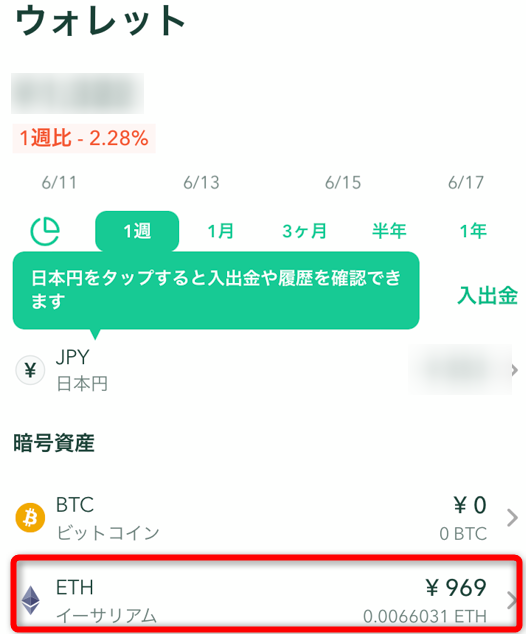 コインチェックアプリでイーサリアムをタップ